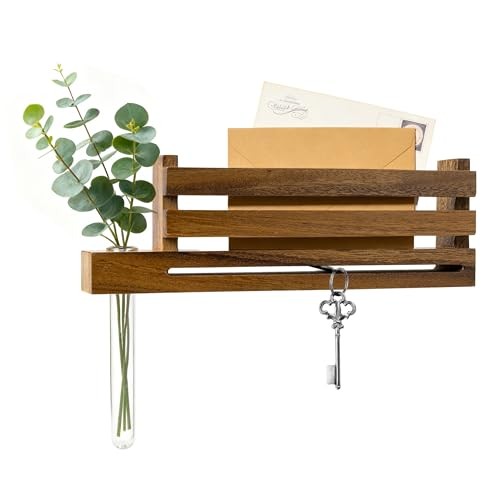 Solid Wall Mounted Key Holder with Acrylic Vase & Mail Organizer, Walnut