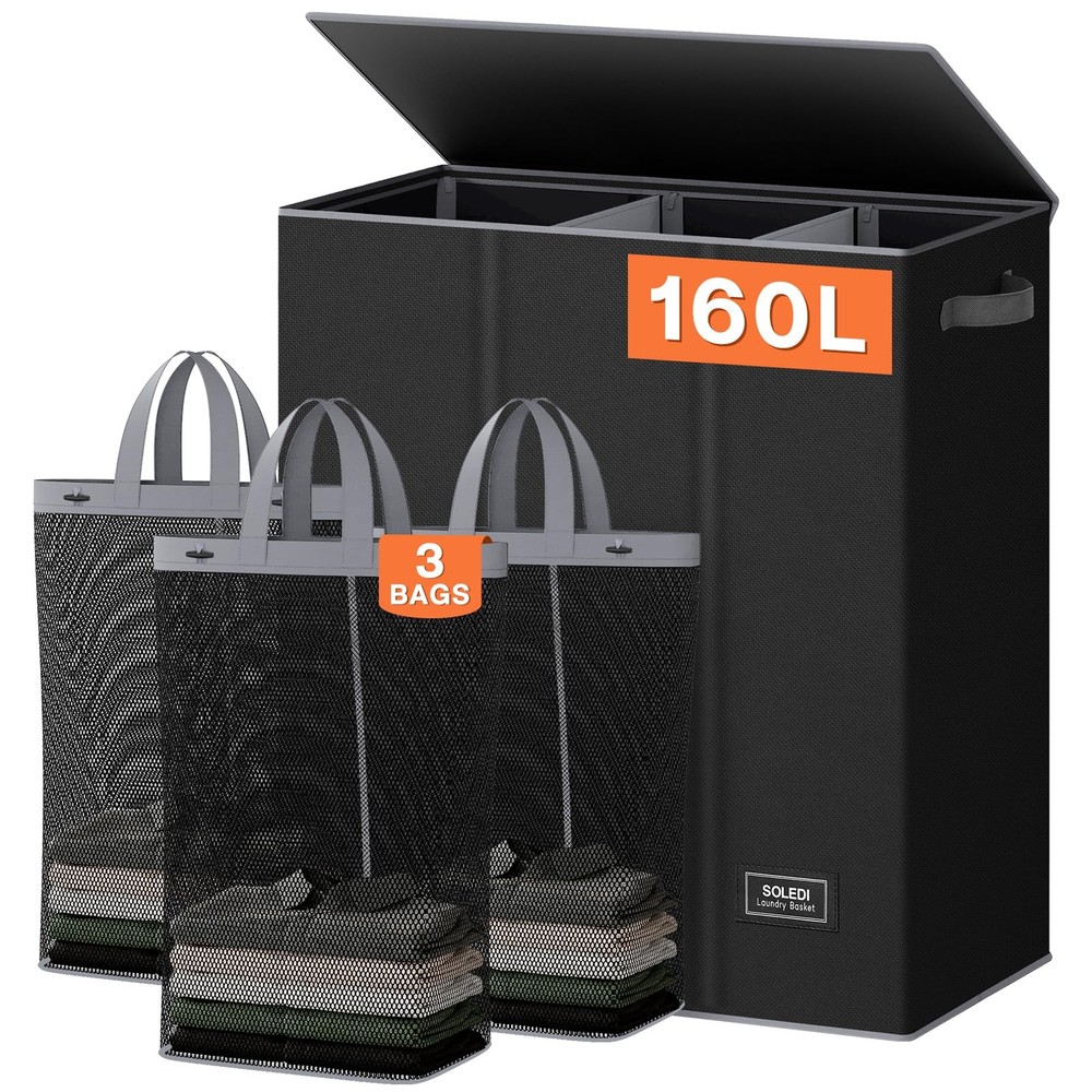 160L Laundry Hamper 3 Section Extra Large Lid Dirty Clothes Sturdy Handle