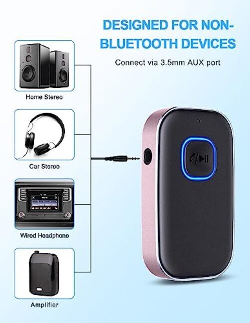 Bluetooth AUX Adapter for Car, Noise Reduction Bluetooth Receiver Black+Pink