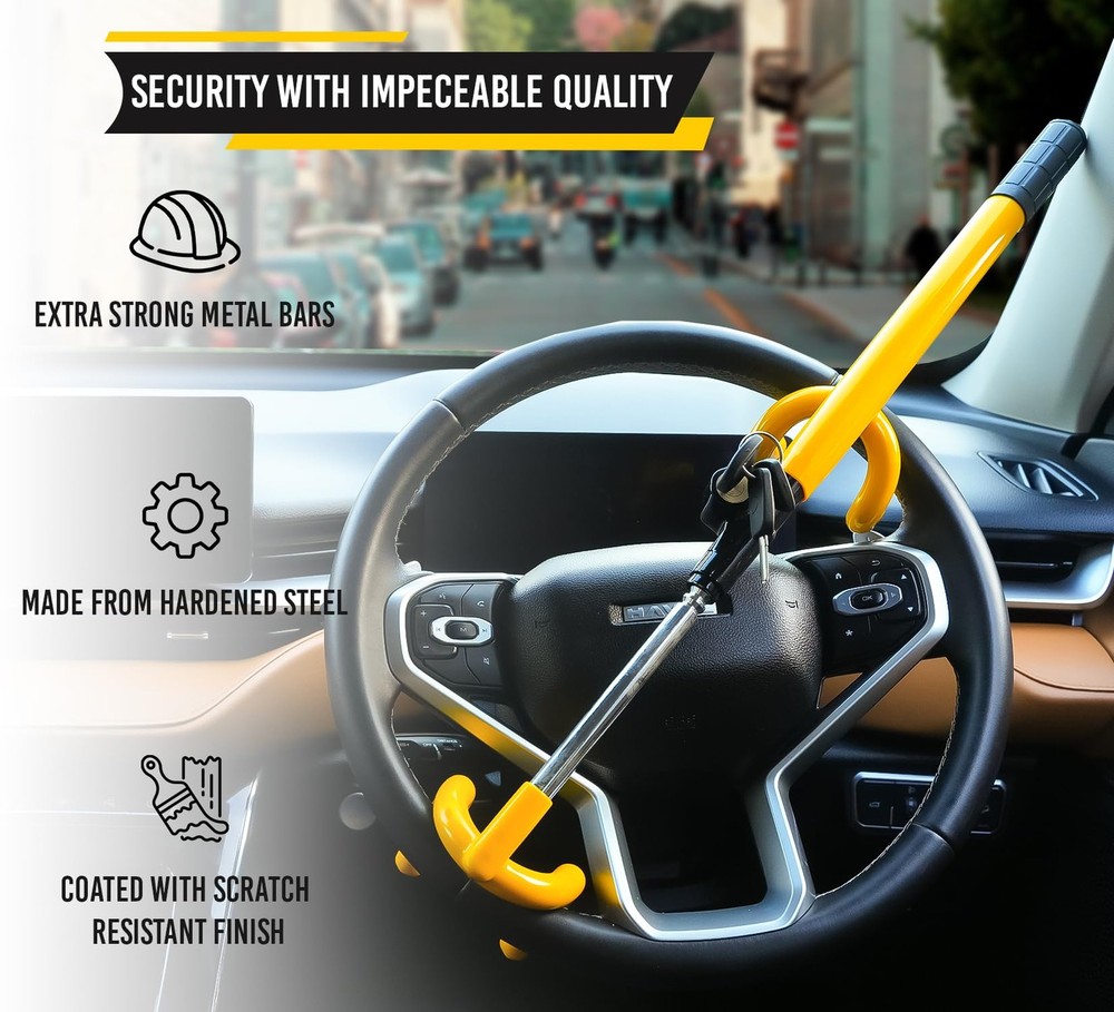 Ultra Secure Car Steering Wheel Lock, No Scratch Dual Locking Hooks, Black
