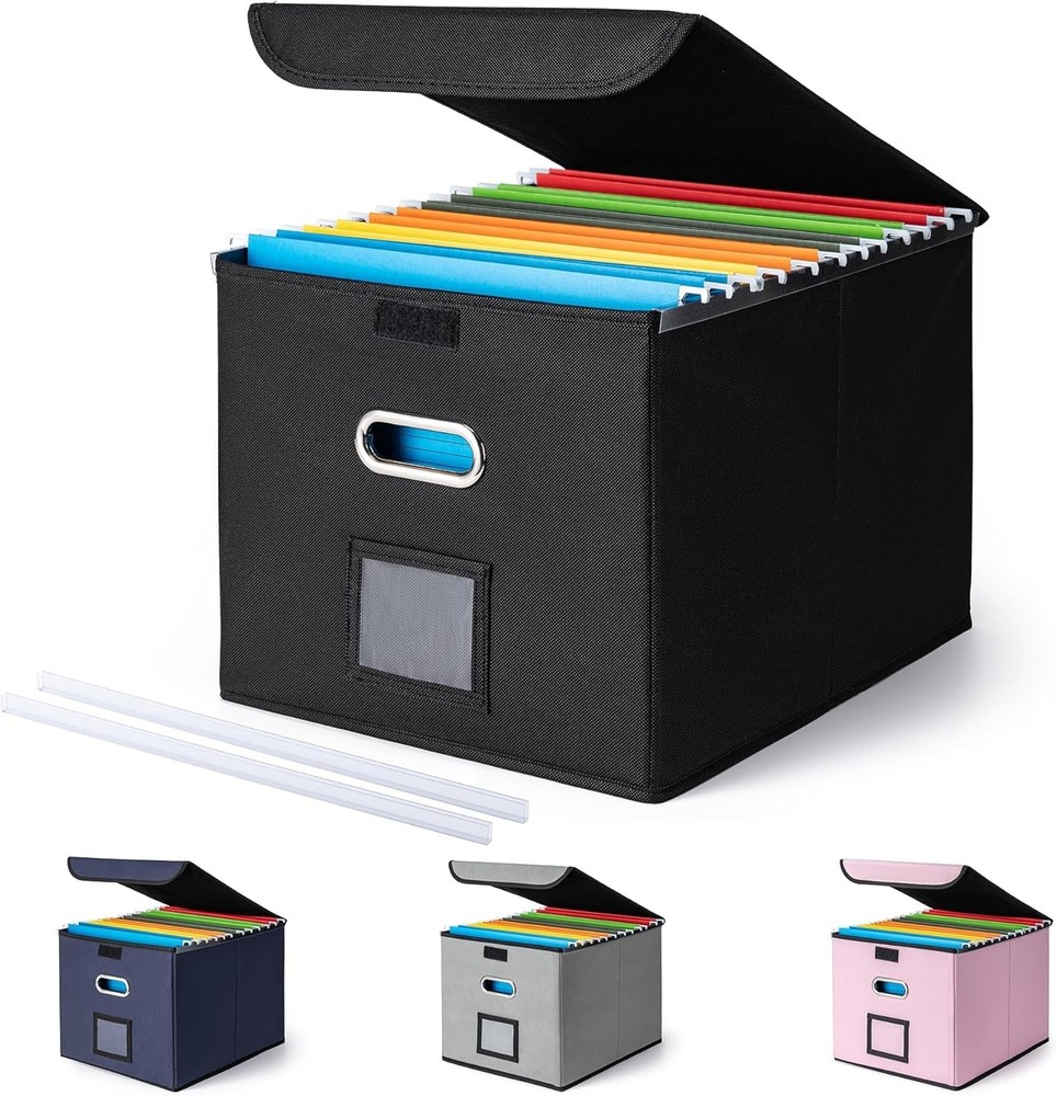 File Organizer Box with Lid, Large Hanging File Folder Organizer with Black