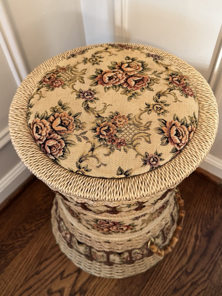 Vintage Rare Triple Stack Three Tier Wicker Sewing Basket Upholstered Ottoman