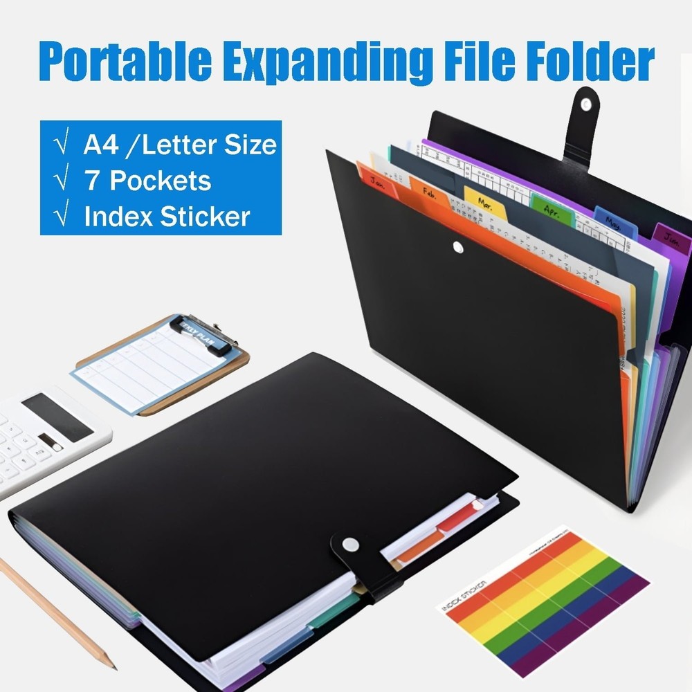 Expandable 7-Pocket Folder 2PK, Durable A4 Document Organizer for Home Office