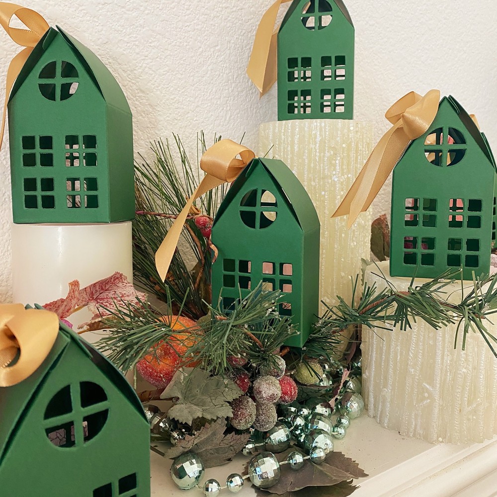 Wrapables Festive Christmas House Shaped Gift Boxes with Ribbons