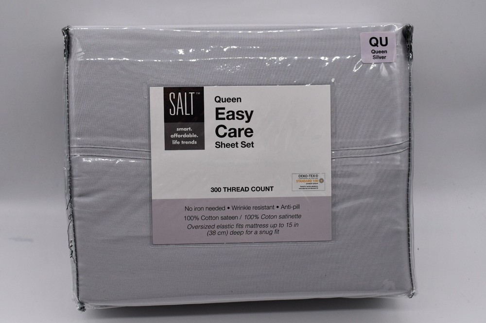 Easy Care, 300 Thread Count, Cotton Sateen Queen Sheet Set In Silver SALT