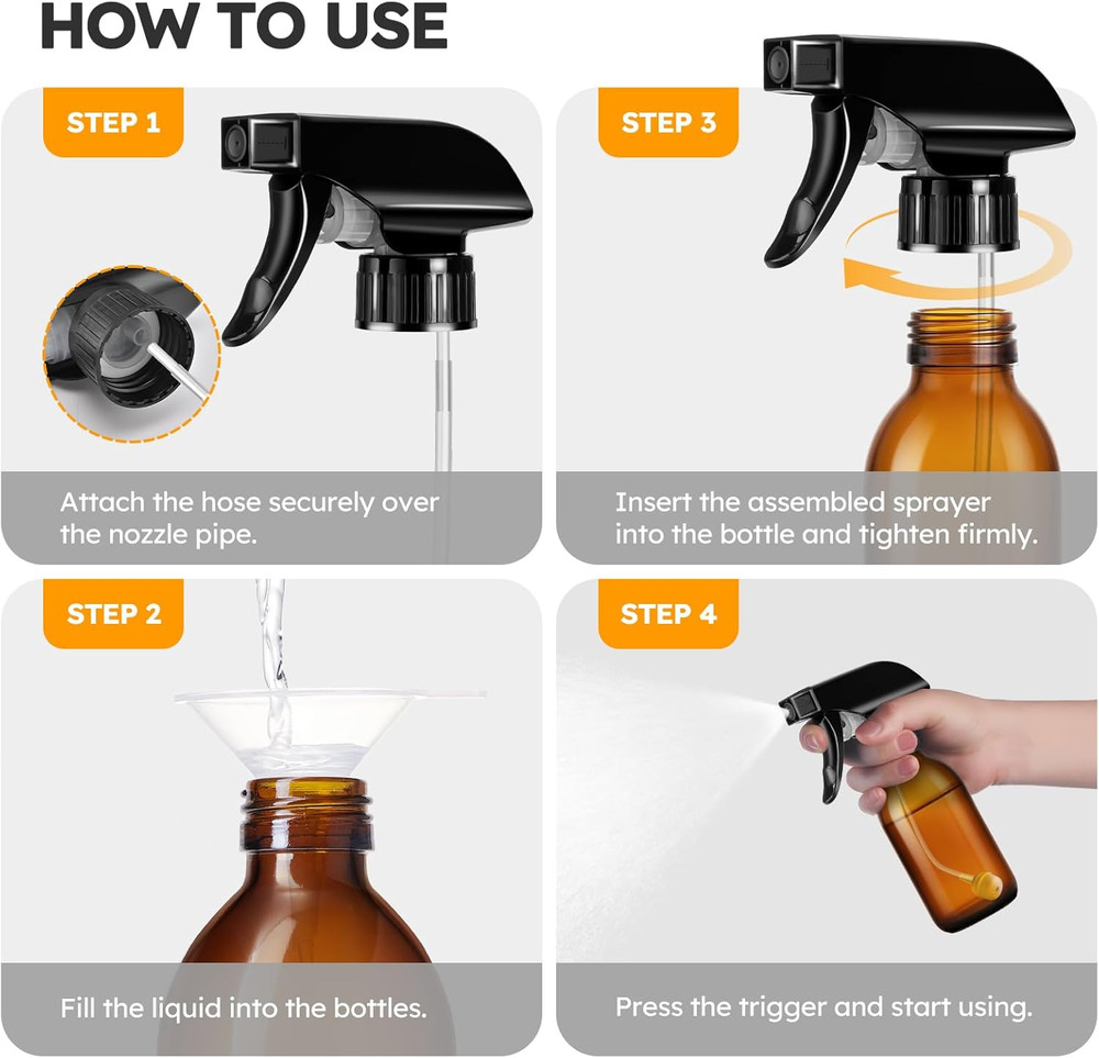Tecohouse 360° 4 OZ Amber Glass Spray Bottles, 2 Pack Empty Refillable Container