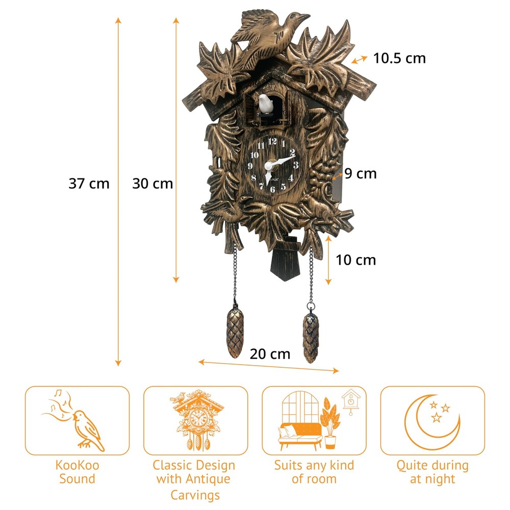 NEW WALPLUS Vintage Cuckoo Clock Brown Chiming Bird Flapping Adjustable Volume