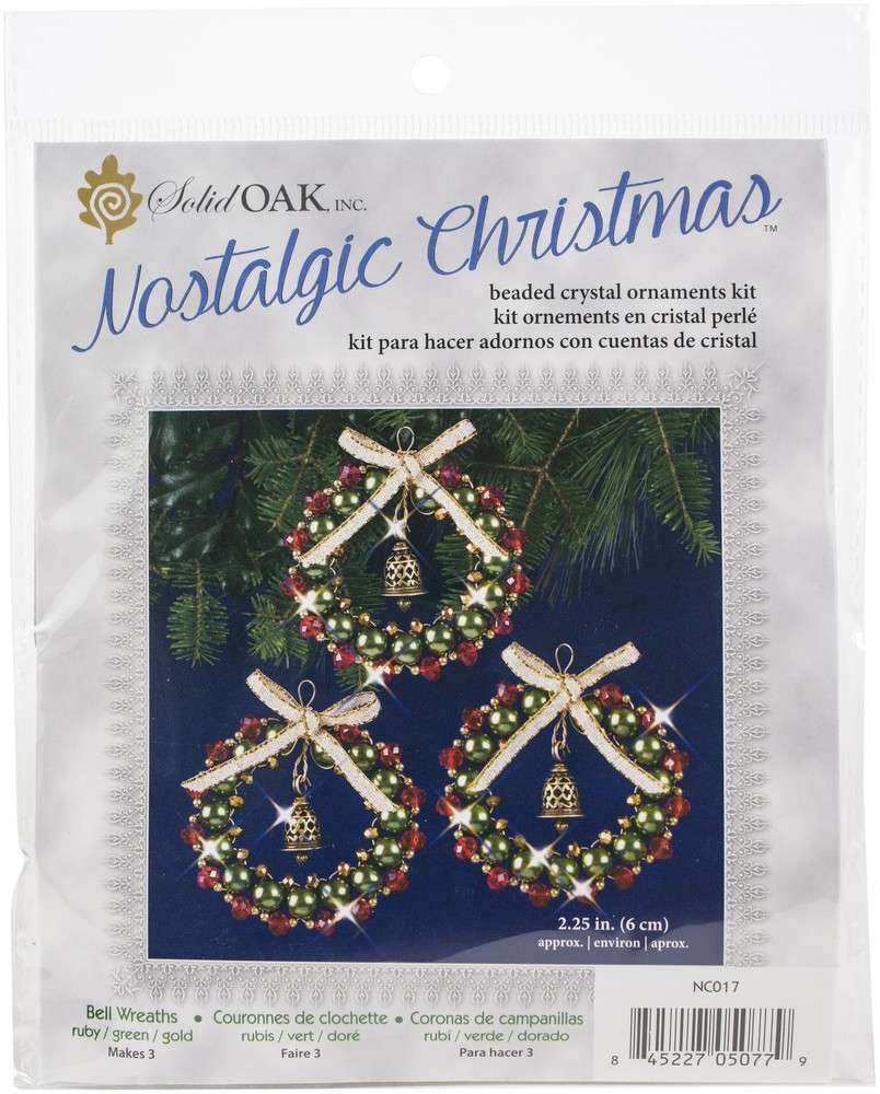 Solid Oak Nostalgic Christmas Beaded Crystal Ornament Kit-Ruby,Green & Gold Bell