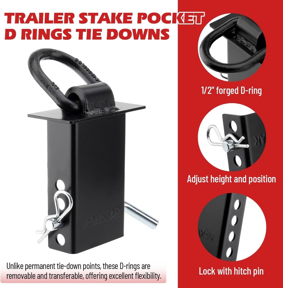 New Stake Pocket D Ring Heavy Duty Adjustable Trailer Stake Pocket,Black, 6 Pack
