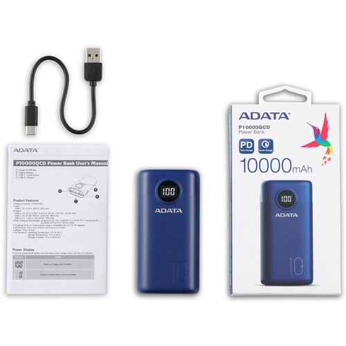 ADATA P10000QCD Power Bank (10,000mAh, Blue) USB Type-C Input & Output USB-A Out