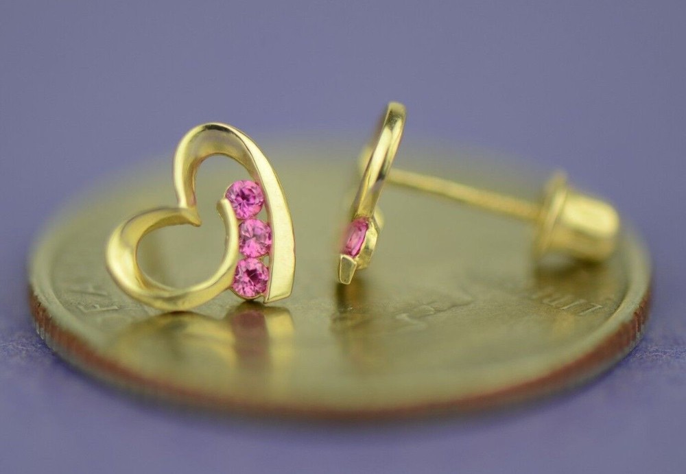 14k Solid Yellow White Gold Heart Shape CZ Stud Earrings