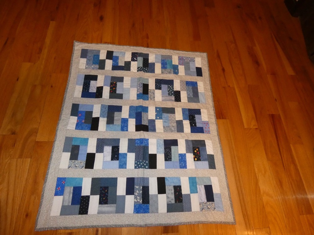 Blue Rectangles Handmade Quilt Pieced Child Prints 33 x 39"