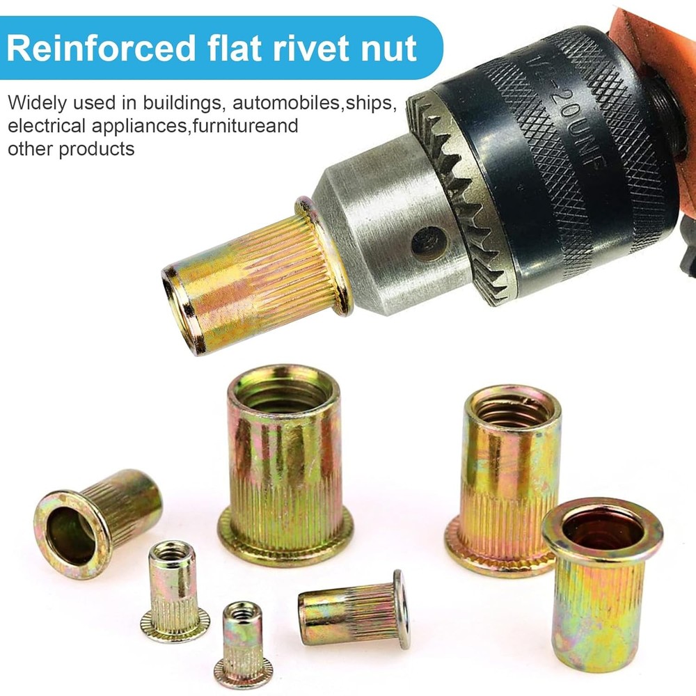 100Pcs #10-24 UNC Rivet Nuts, Carbon Steel Flat Head Rivnut Threaded Insert Nut,
