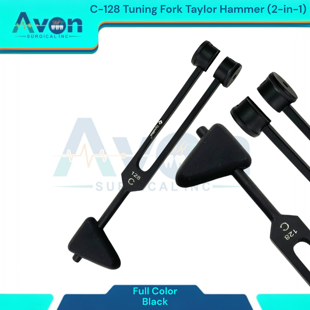 Black Colored Tuning Fork Taylor Percussion Hammer Combo 2-in-1, C-128 Frequency