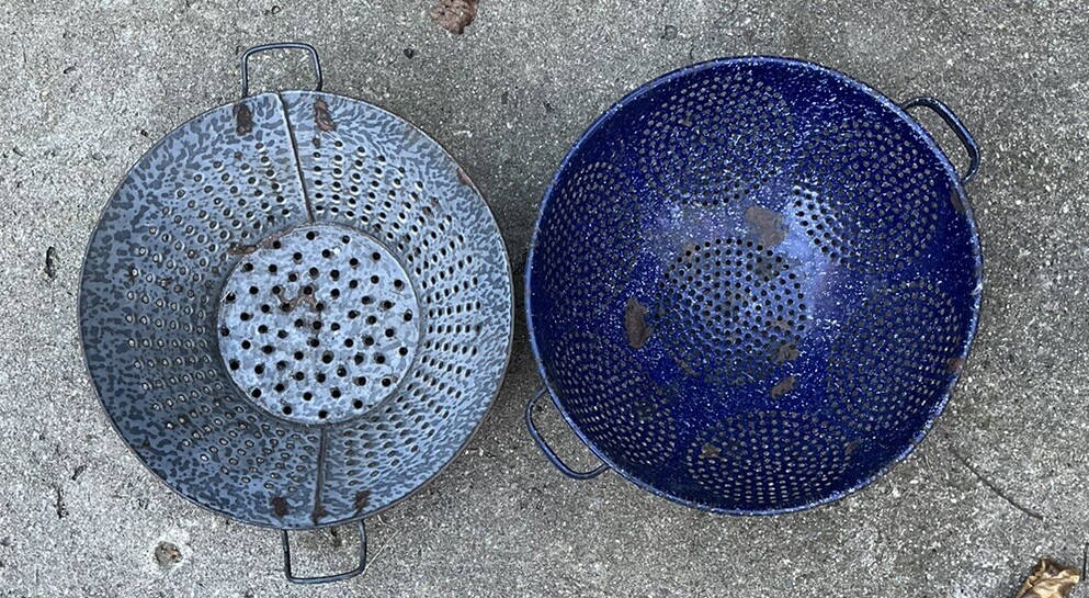 Antique Blue Porcelain Colander  And Granite ware Colander