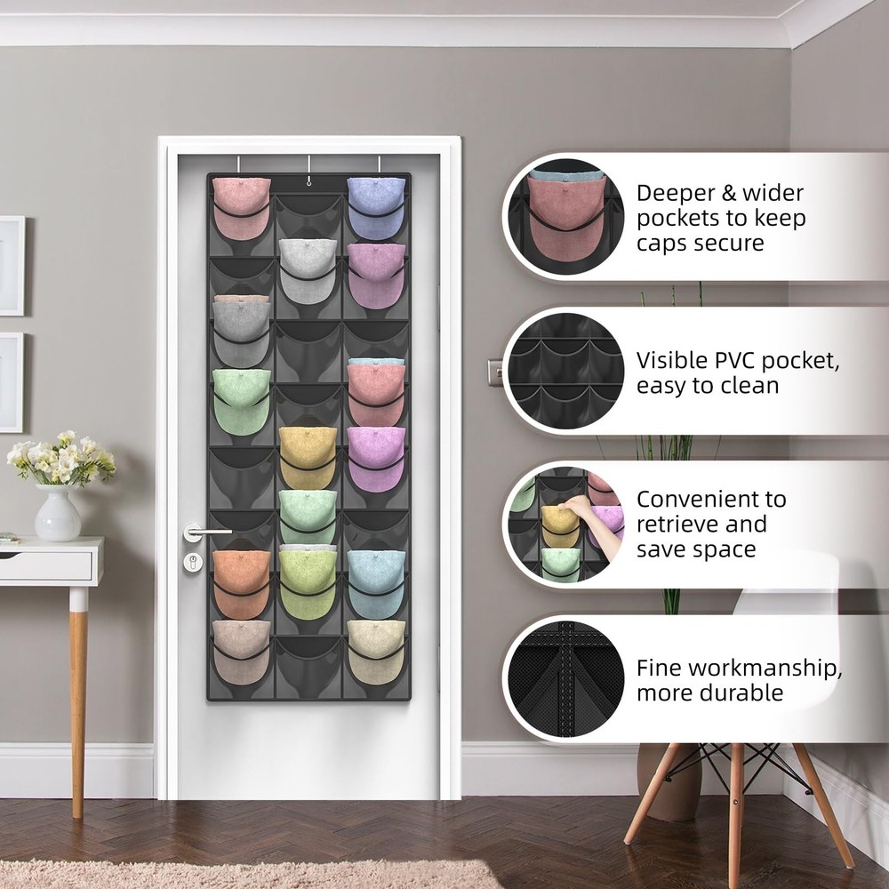 Hat Organizer Racks for Baseball Caps, 24 Deeper Pockets Baseball Hat Rack, C...