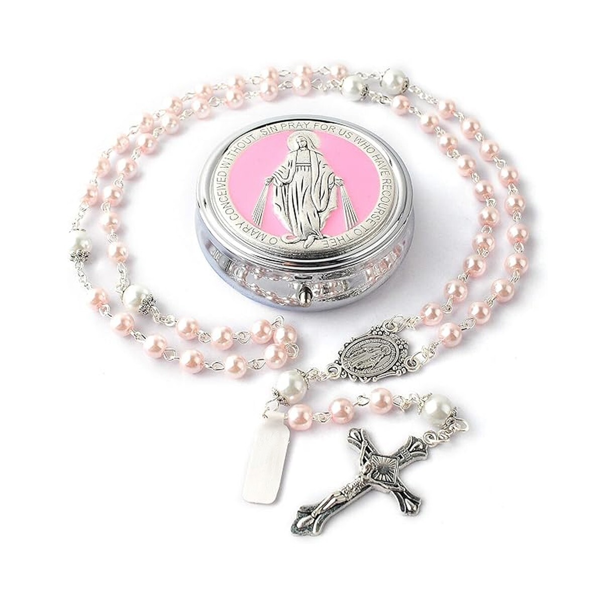 CT Rosary with 6mm Glass Pearl & 8mm Our Father Beads, Miraculous Metal Gift Box