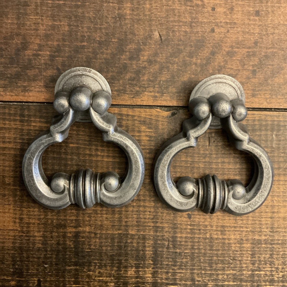 2 Antique Silver Pewter Look Drawer Pull Door Knocker Style handle