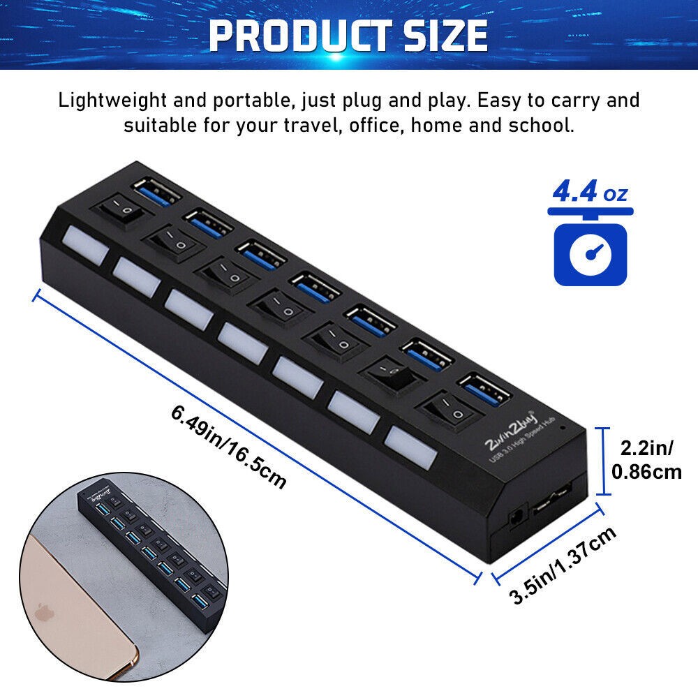 7 Port USB 3.0 Powered Hub Switch Splitter for PC Laptop Desktop Computer