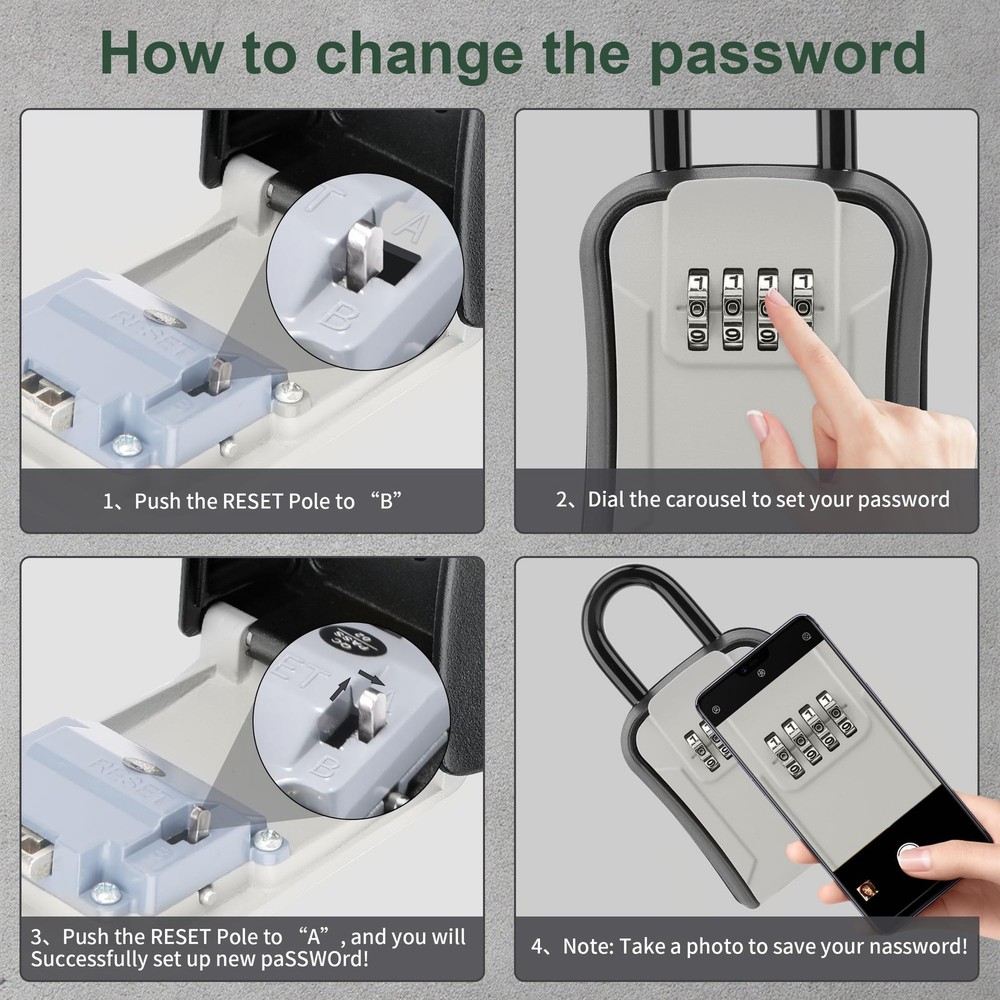 Key Lock Box Portable Waterproof 4 Digits Combination Lockbox Removable Shackle