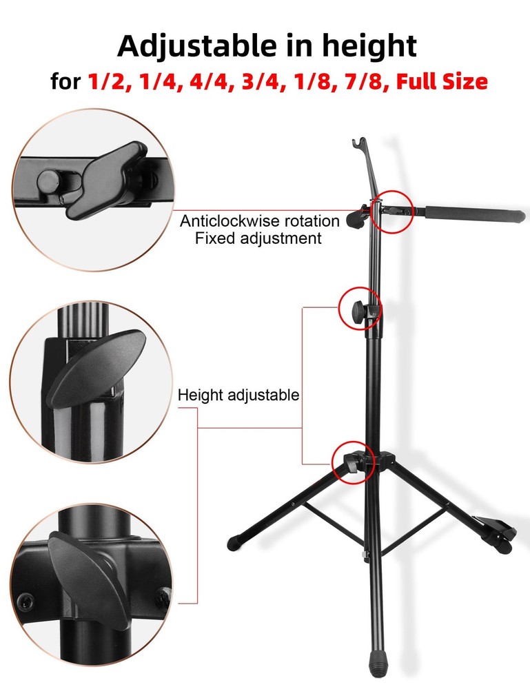 Adjustable Cello Stand with Bow Hook , Foldable Tripod Support for 1/2, 1/4, ...
