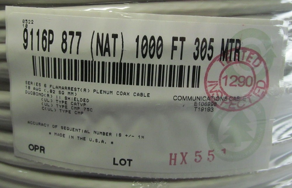 1000ft SPOOL BELDEN 9116P-8771000 PLENUM COAXIAL CABLE RG6 18-AWG SOLID COPPER