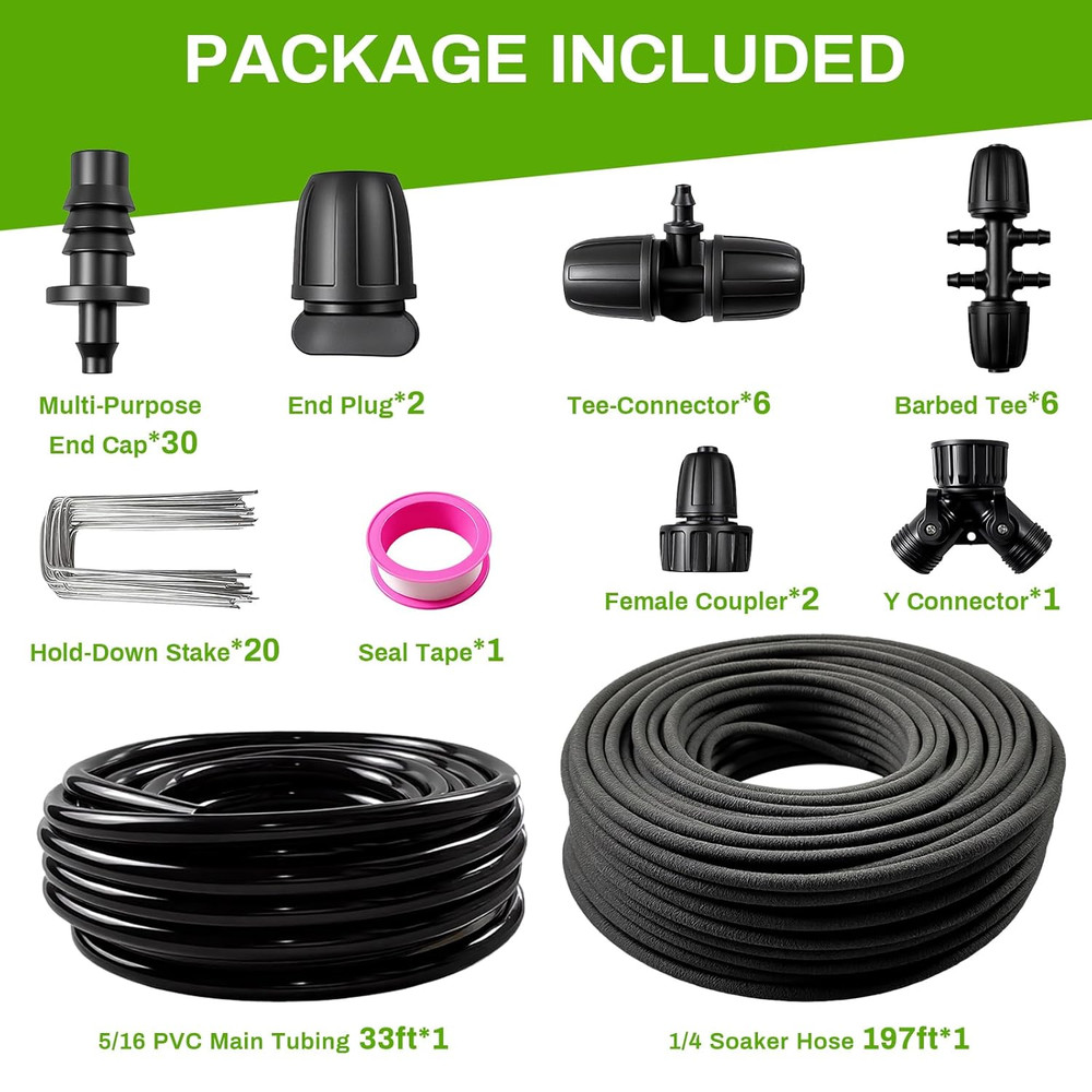 Upgraded 230FT Drip Irrigation System with 1/4" Soaker Hose -Weeping Technology