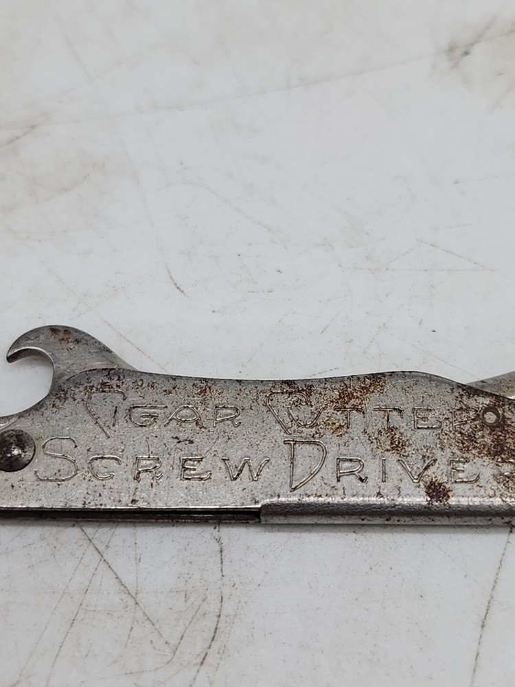 Vtg Cigar Cutter, Button Hook, Screw Driver & Bottle Opener.