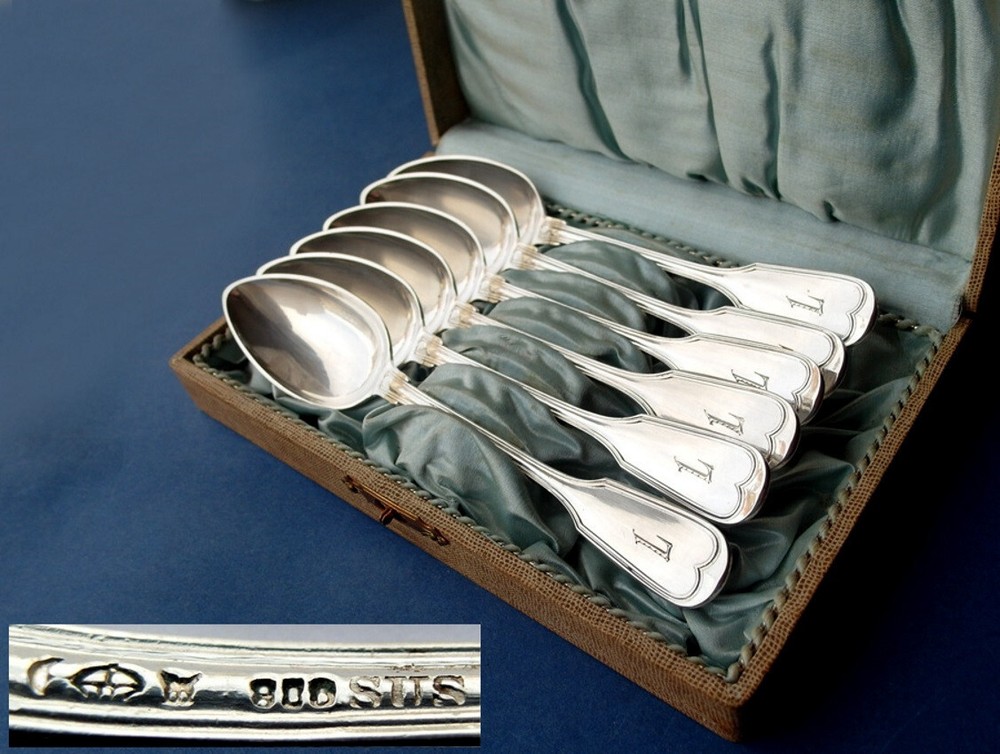 Set, 6 Tea Spoon, Thread Augsburger, Sus , 800er Silver, Um 1900 E558