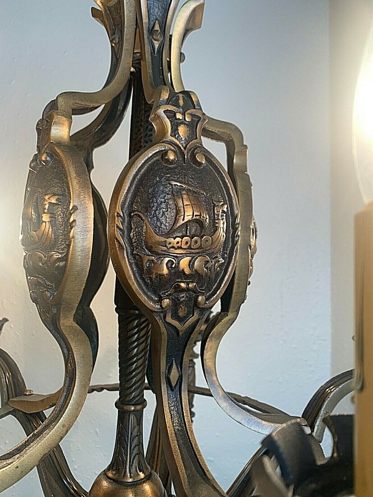 1930's HIGH QUALITY 5 LIGHT SOLID BRONZE MARITIME CHANDELIER