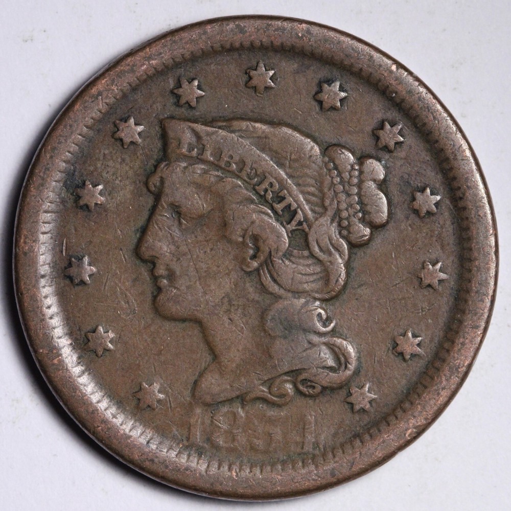 1854 Braided Hair Large Cent CHOICE VF E216 ANC