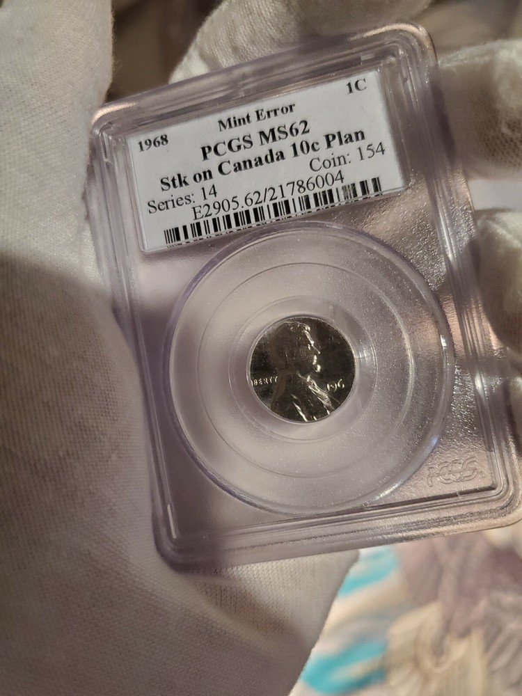 1968 Lincoln Cent Struck on Canada 10 Cents Planchet PCGS MS-62. Mint Error