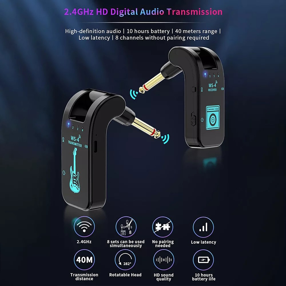 8 Channels 2.4G Wireless Guitar System Rechargeable Transmitter Receiver