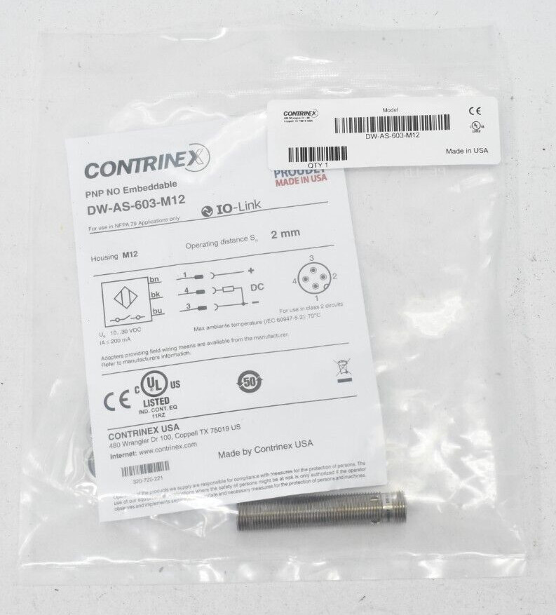 Contrinex DW-AS-603-M12 Inductive Sensor Tool w Hardware NO 8mm Range OEM
