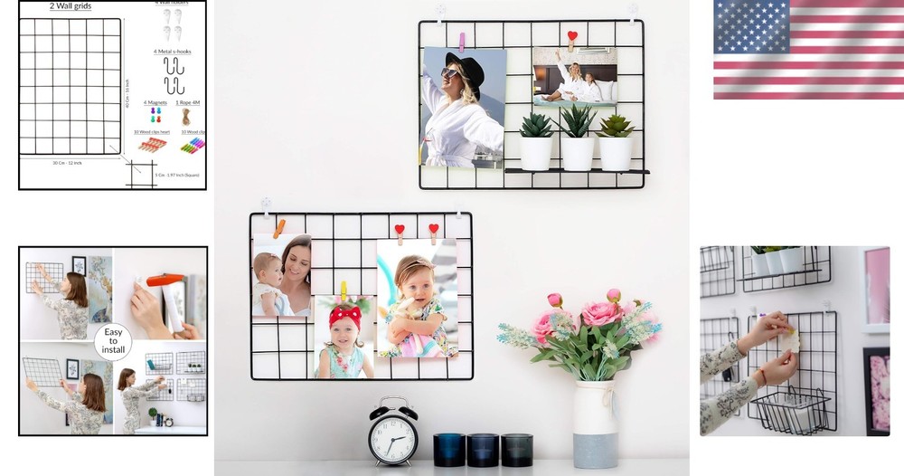 Modern 2 Pack Black Metal Photo Grid Panels for Easy Display & Organization