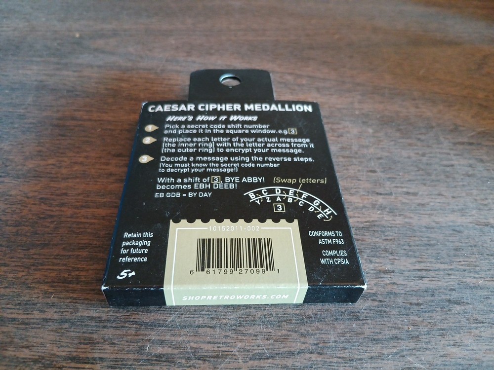 Retroworks Caesar Cipher Medallion Secret Decoder Original New