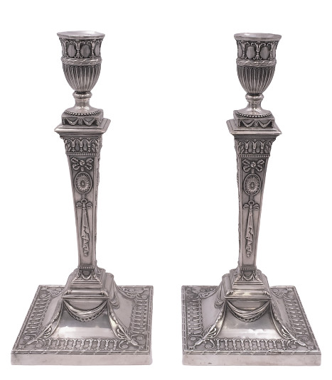 Pair of English Sterling Silver Repousse Candlesticks