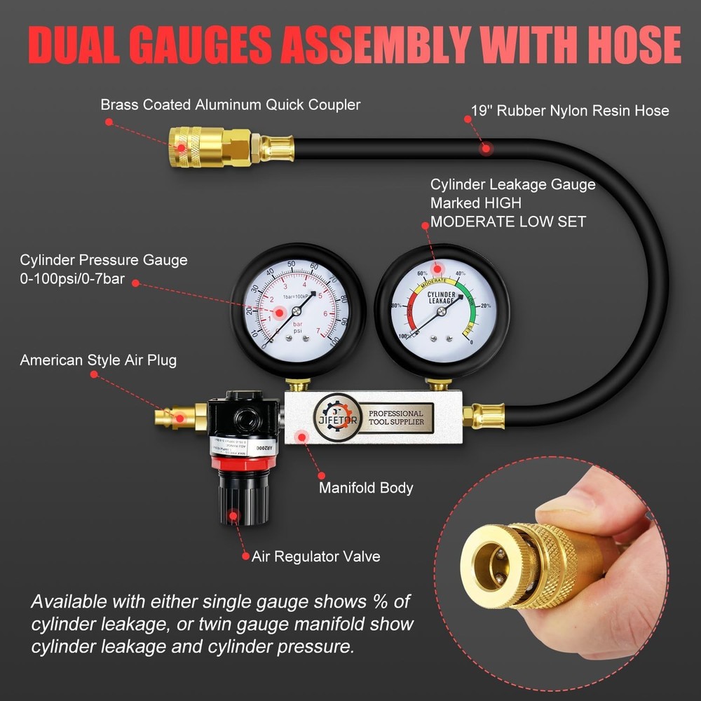 Engine Compression Leakdown Tester with Color-Coded Gauges for Quick Diagnostics