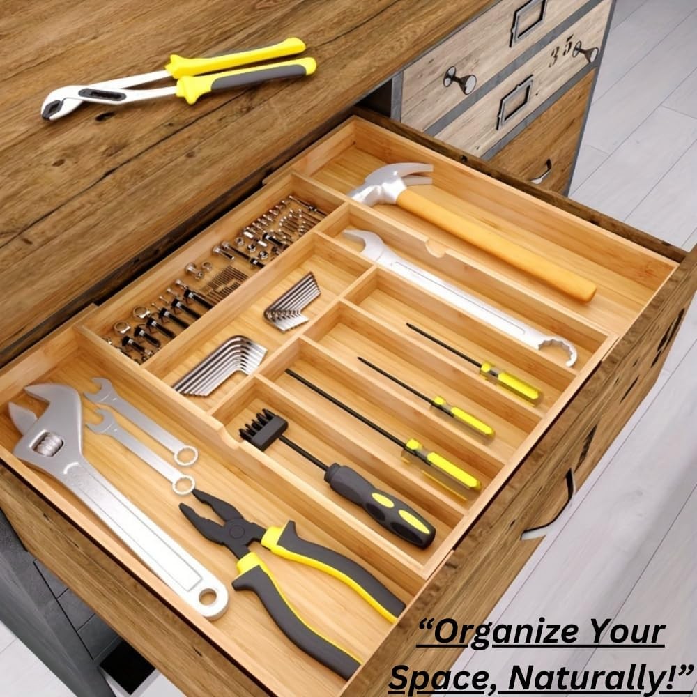 Bamboo Kitchen Drawer Organizer: Expandable Tray, Adjustable Natural