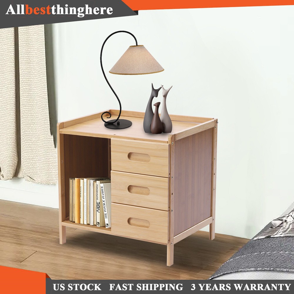 Nightstand Bedside End Table Bedroom Side Bamboo Storage w/ Pull-out Drawer US