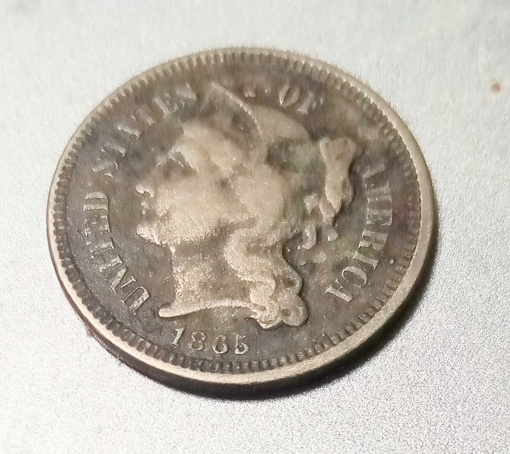 Three Cent Piece 1865 Civil War Era Silver No Cents 3C