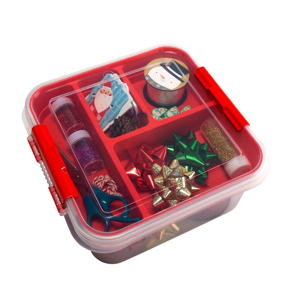 5 Compartment Gift Supply Storage Box | 2 Tier Box | Red | Clear Top Lid | Di...