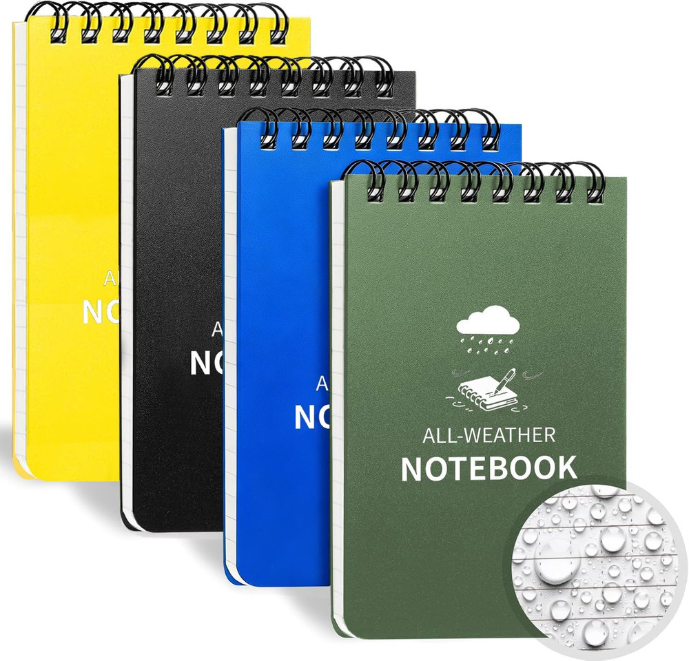 Waterproof Notebook, 4 Pack Pocket Notepad, 3" X 5" Top-Spiral Weatherproof Note