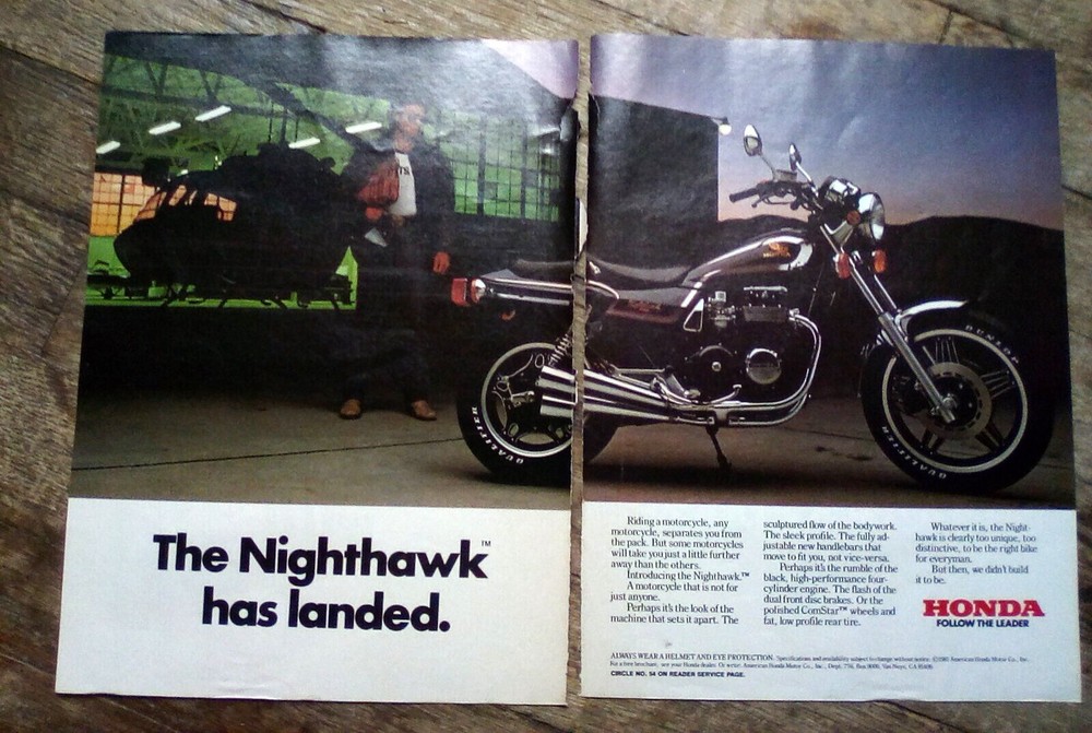 1982 HONDA NIGHTHAWK MOTORCYCLE ~ 2-PAGE PRINT AD