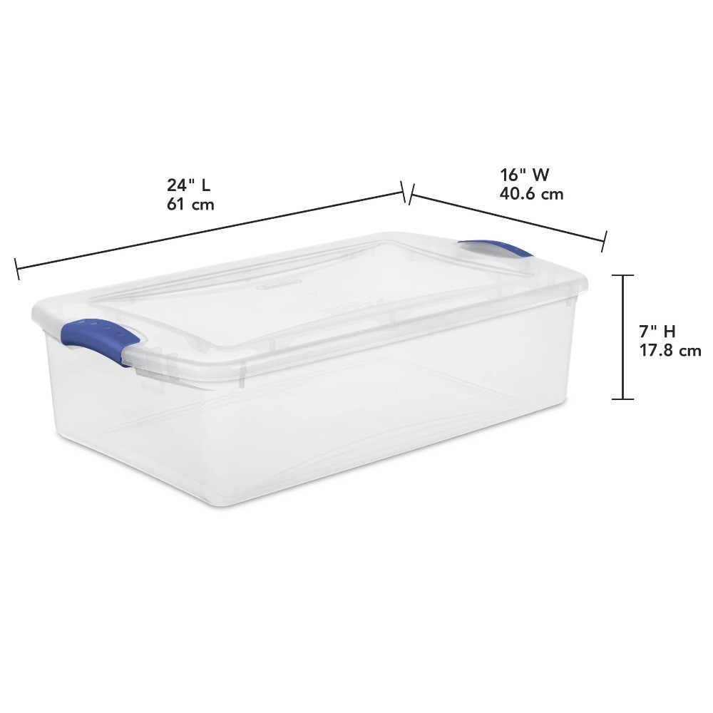 Latching Storage Bin 32 Quart Clear Plastic Container with Lid Blue 2 Pack