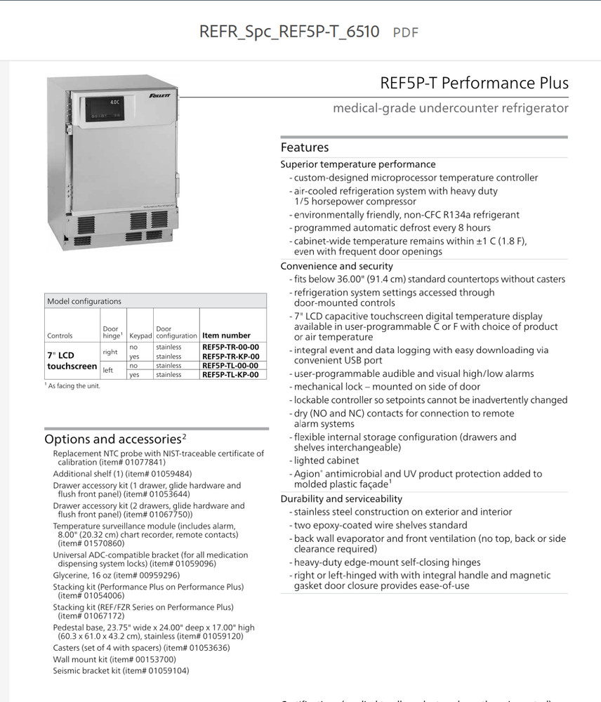 FOLLETT Performance Plus REF5P-T Medical Refrigerator 4.5CU TouchScreen **MINT**