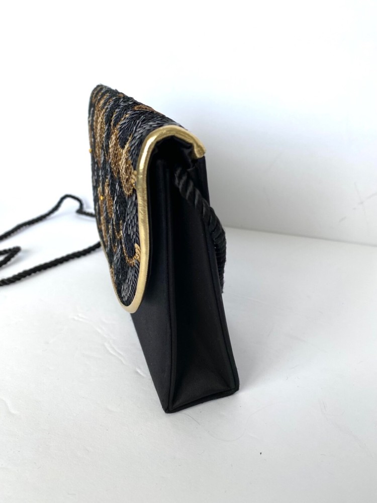 Evening Bag Satin Sequins Black Gold Tone Caparros