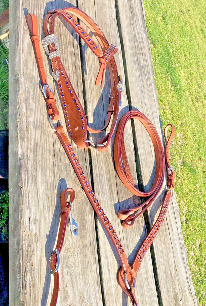 Western headstall/breast collar set w/red & blue crystals