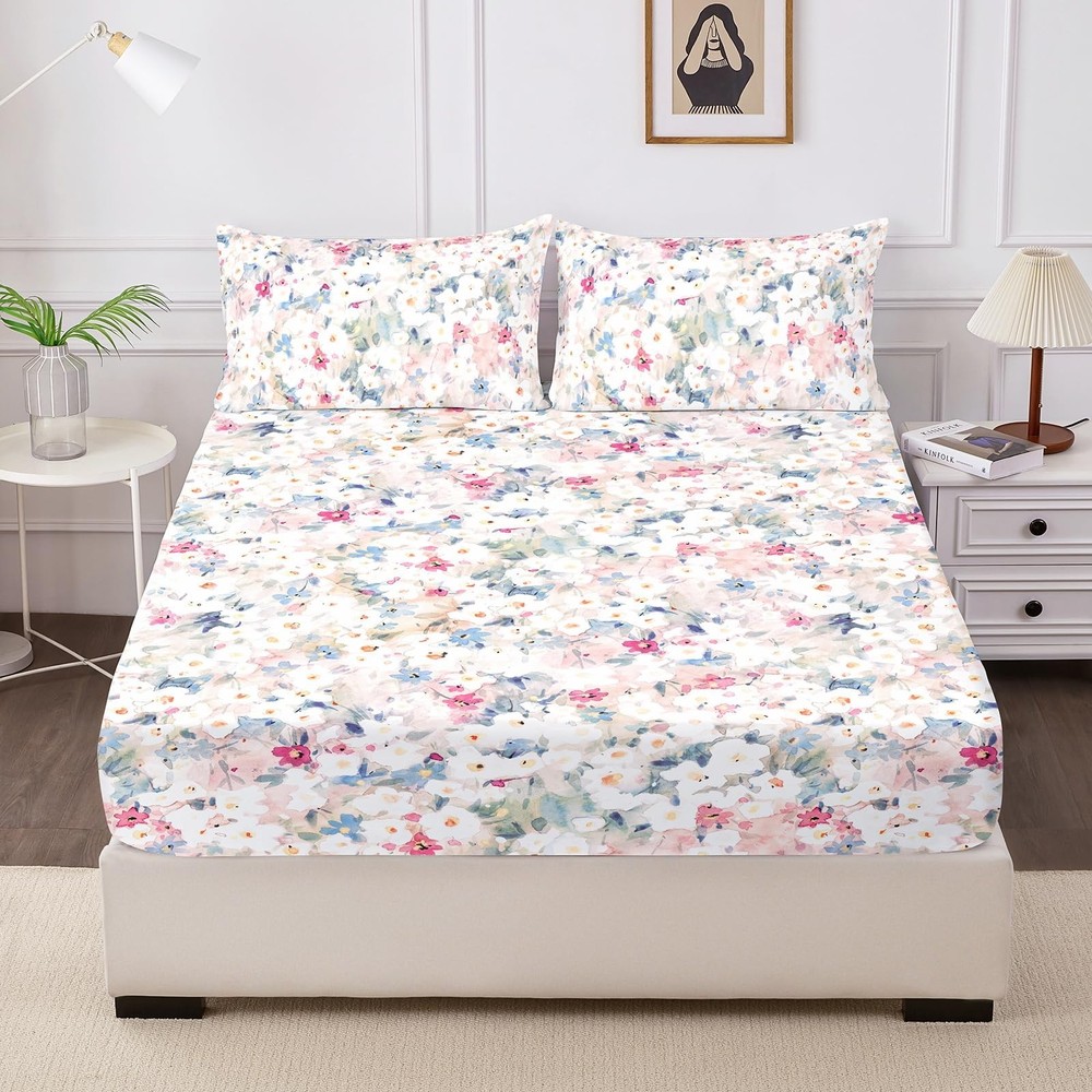 Floral Fitted Sheet with Pillow Cases, 100% Brushed Microfibre Deep Pocket Fi...