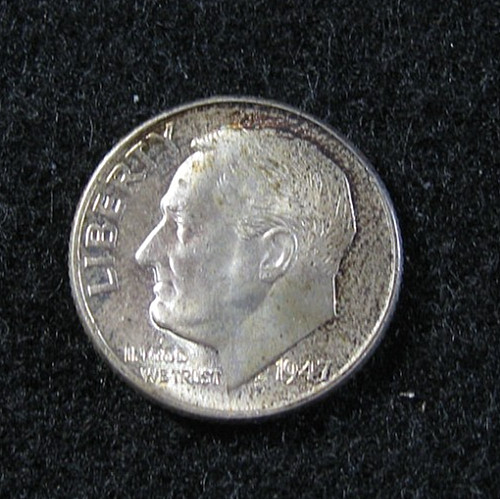 1947 - ROOSEVELT DIME -  UNC BU  - Rainbow Toned